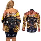 Australia Mother's Day Personalised Couples Matching Off Shoulder Short Dress and Long Sleeve Button Shirt Kangaroo With Aboriginal Tree Art