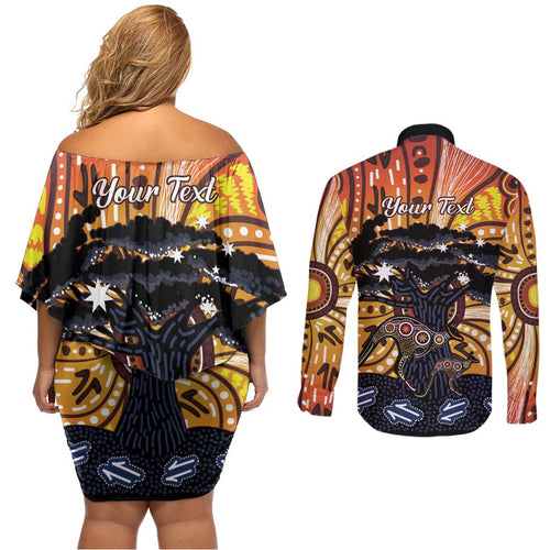 Australia Mother's Day Personalised Couples Matching Off Shoulder Short Dress and Long Sleeve Button Shirt Kangaroo With Aboriginal Tree Art
