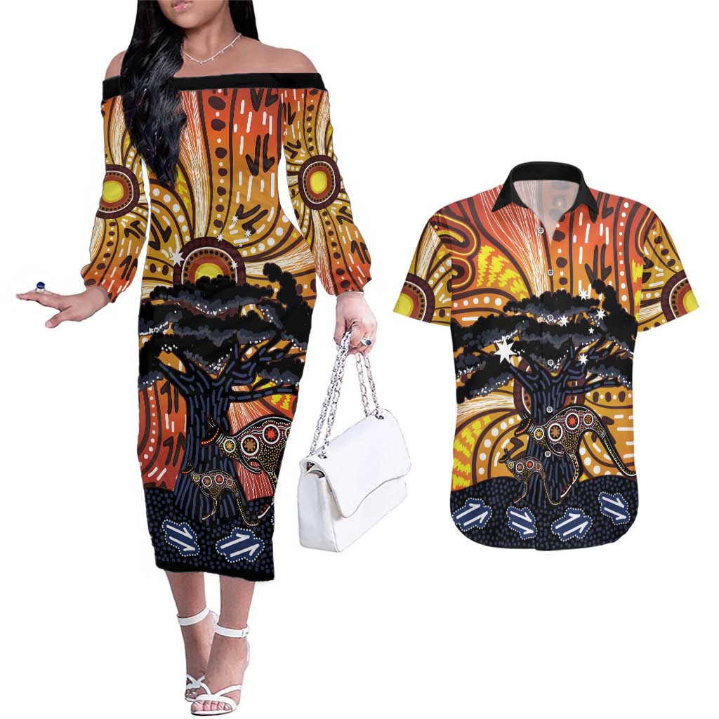 Australia Mother's Day Personalised Couples Matching Off The Shoulder Long Sleeve Dress and Hawaiian Shirt Kangaroo With Aboriginal Tree Art