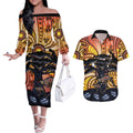 Australia Mother's Day Personalised Couples Matching Off The Shoulder Long Sleeve Dress and Hawaiian Shirt Kangaroo With Aboriginal Tree Art