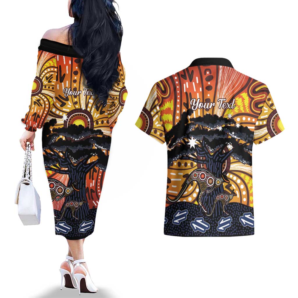 Australia Mother's Day Personalised Couples Matching Off The Shoulder Long Sleeve Dress and Hawaiian Shirt Kangaroo With Aboriginal Tree Art