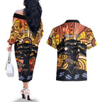 Australia Mother's Day Personalised Couples Matching Off The Shoulder Long Sleeve Dress and Hawaiian Shirt Kangaroo With Aboriginal Tree Art