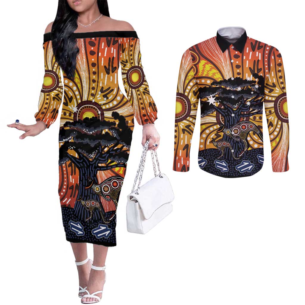 Australia Mother's Day Personalised Couples Matching Off The Shoulder Long Sleeve Dress and Long Sleeve Button Shirt Kangaroo With Aboriginal Tree Art