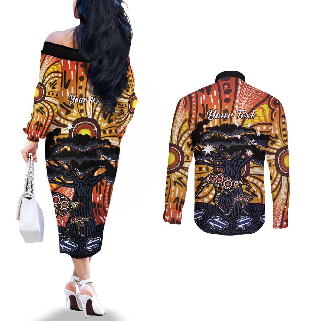 Australia Mother's Day Personalised Couples Matching Off The Shoulder Long Sleeve Dress and Long Sleeve Button Shirt Kangaroo With Aboriginal Tree Art