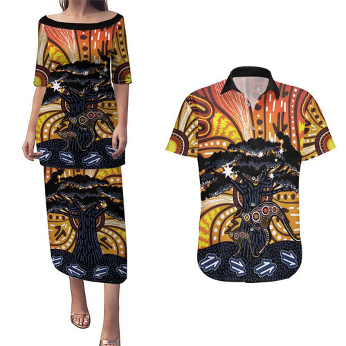 Australia Mother's Day Personalised Couples Matching Puletasi and Hawaiian Shirt Kangaroo With Aboriginal Tree Art