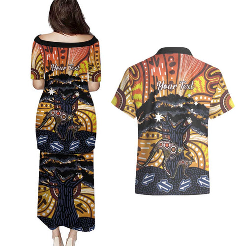Australia Mother's Day Personalised Couples Matching Puletasi and Hawaiian Shirt Kangaroo With Aboriginal Tree Art