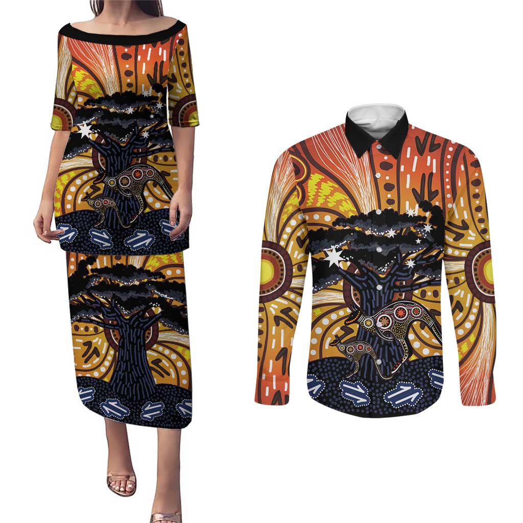 Australia Mother's Day Personalised Couples Matching Puletasi and Long Sleeve Button Shirt Kangaroo With Aboriginal Tree Art