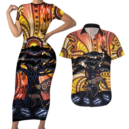 Australia Mother's Day Personalised Couples Matching Short Sleeve Bodycon Dress and Hawaiian Shirt Kangaroo With Aboriginal Tree Art