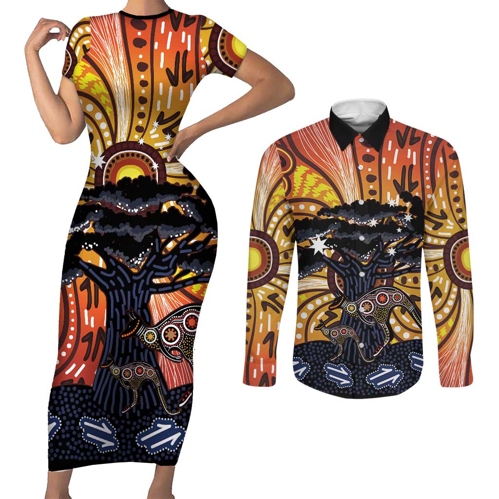 Australia Mother's Day Personalised Couples Matching Short Sleeve Bodycon Dress and Long Sleeve Button Shirt Kangaroo With Aboriginal Tree Art