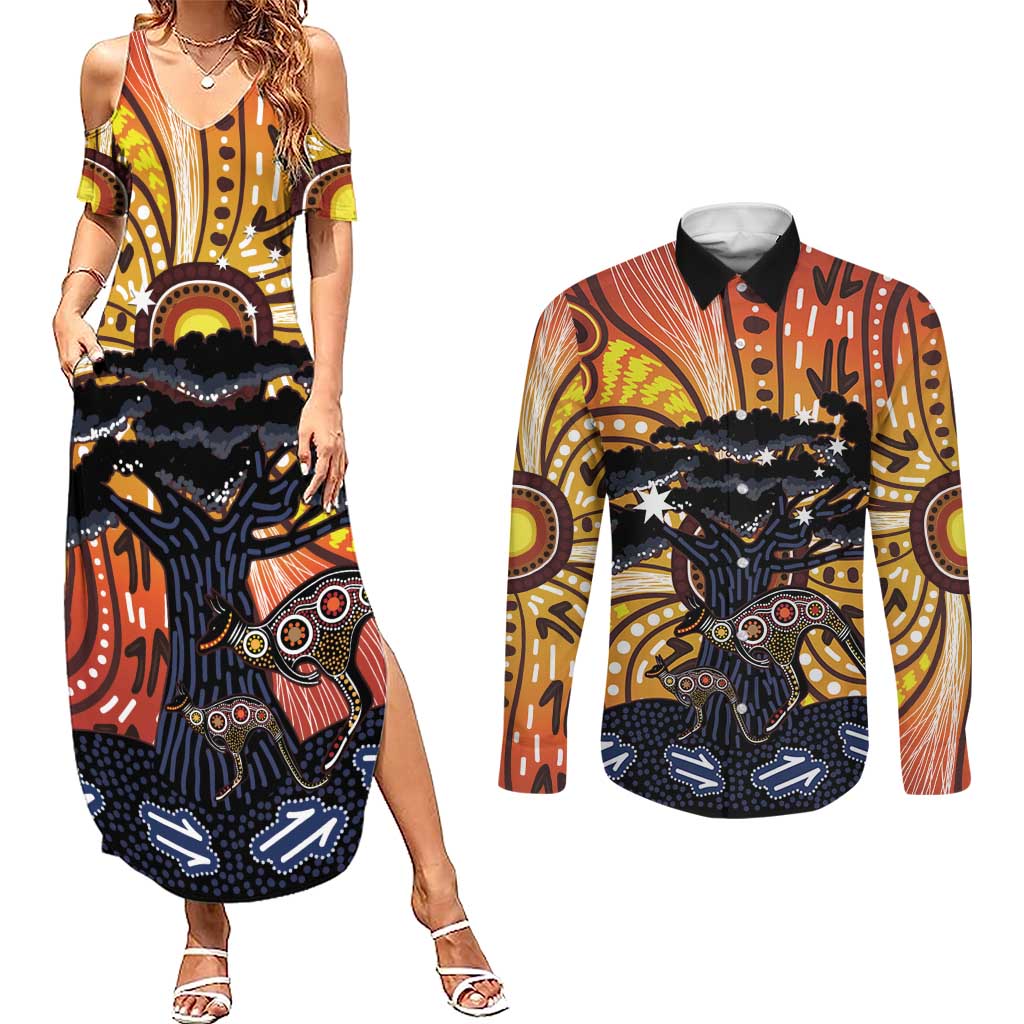 Australia Mother's Day Personalised Couples Matching Summer Maxi Dress and Long Sleeve Button Shirt Kangaroo With Aboriginal Tree Art