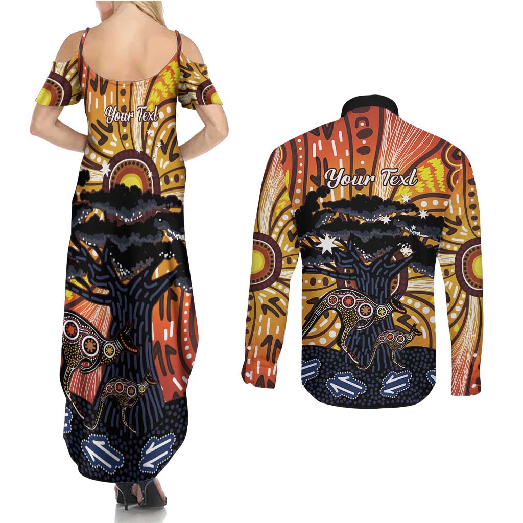 Australia Mother's Day Personalised Couples Matching Summer Maxi Dress and Long Sleeve Button Shirt Kangaroo With Aboriginal Tree Art