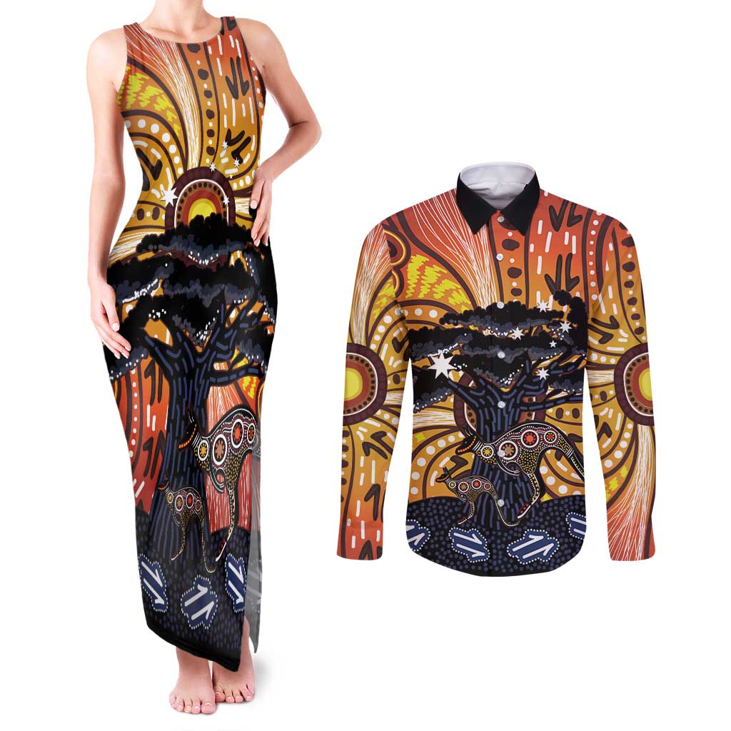 Australia Mother's Day Personalised Couples Matching Tank Maxi Dress and Long Sleeve Button Shirt Kangaroo With Aboriginal Tree Art
