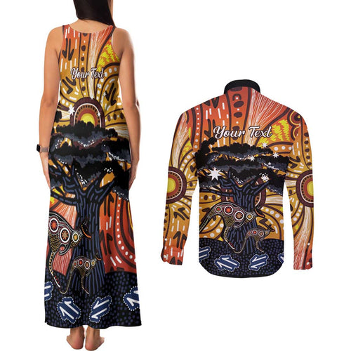 Australia Mother's Day Personalised Couples Matching Tank Maxi Dress and Long Sleeve Button Shirt Kangaroo With Aboriginal Tree Art