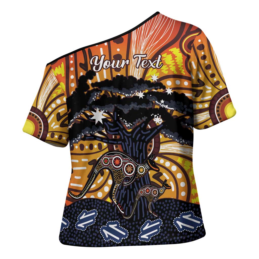 Australia Mother's Day Personalised Cross Shoulder Shirt Kangaroo With Aboriginal Tree Art