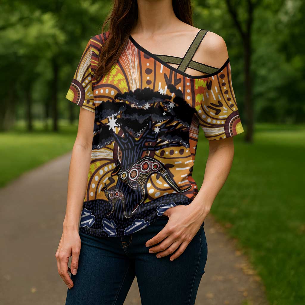 Australia Mother's Day Personalised Cross Shoulder Shirt Kangaroo With Aboriginal Tree Art