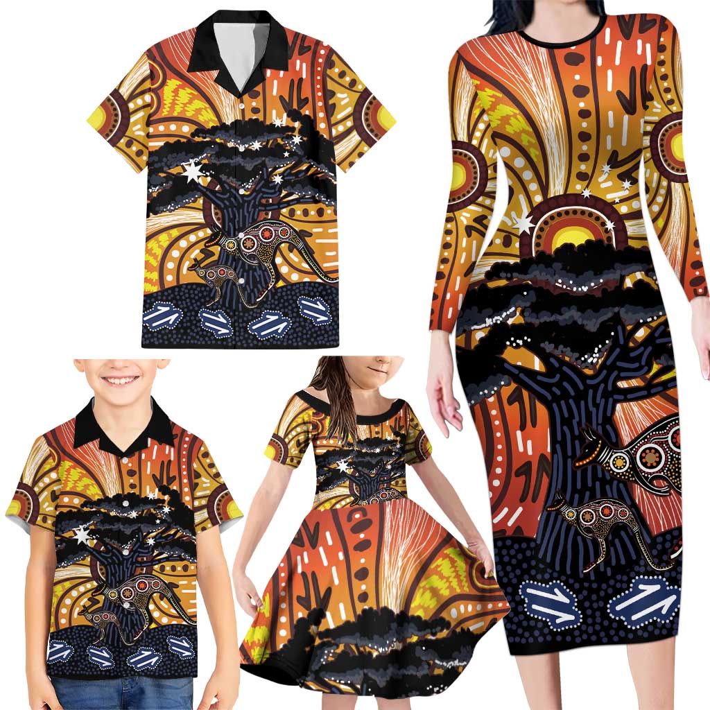 Australia Mother's Day Personalised Family Matching Long Sleeve Bodycon Dress and Hawaiian Shirt Kangaroo With Aboriginal Tree Art