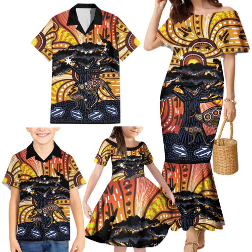 Australia Mother's Day Personalised Family Matching Mermaid Dress and Hawaiian Shirt Kangaroo With Aboriginal Tree Art