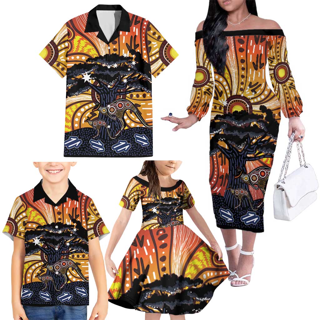 Australia Mother's Day Personalised Family Matching Off The Shoulder Long Sleeve Dress and Hawaiian Shirt Kangaroo With Aboriginal Tree Art