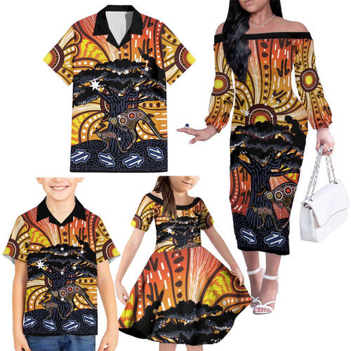 Australia Mother's Day Personalised Family Matching Off The Shoulder Long Sleeve Dress and Hawaiian Shirt Kangaroo With Aboriginal Tree Art
