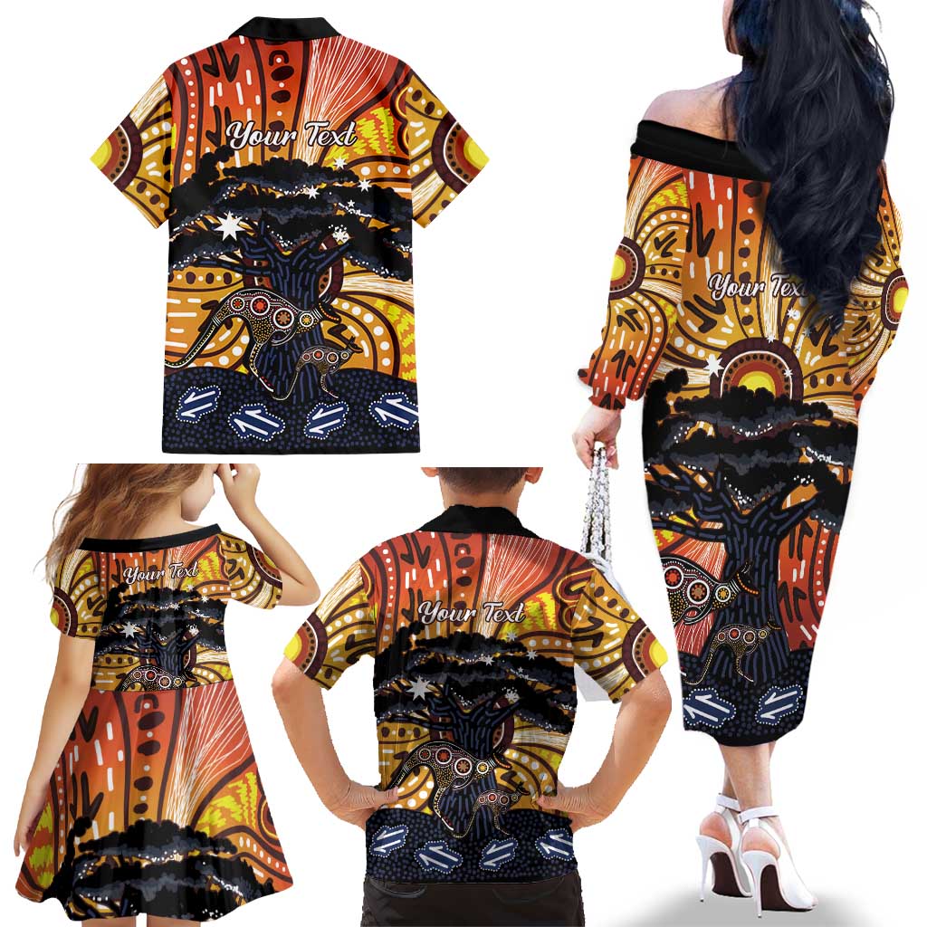Australia Mother's Day Personalised Family Matching Off The Shoulder Long Sleeve Dress and Hawaiian Shirt Kangaroo With Aboriginal Tree Art