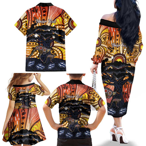 Australia Mother's Day Personalised Family Matching Off The Shoulder Long Sleeve Dress and Hawaiian Shirt Kangaroo With Aboriginal Tree Art