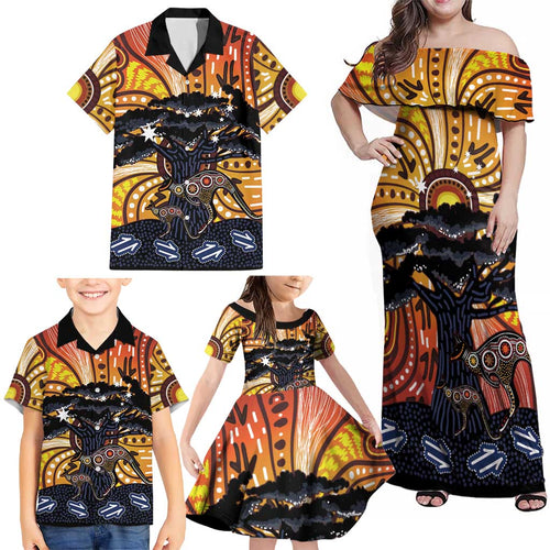 Australia Mother's Day Personalised Family Matching Off Shoulder Maxi Dress and Hawaiian Shirt Kangaroo With Aboriginal Tree Art