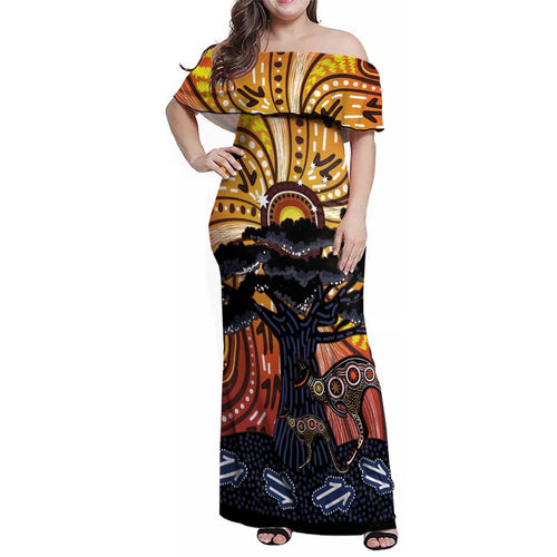 Australia Mother's Day Personalised Family Matching Off Shoulder Maxi Dress and Hawaiian Shirt Kangaroo With Aboriginal Tree Art