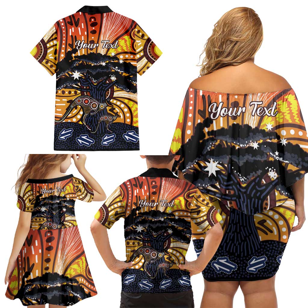 Australia Mother's Day Personalised Family Matching Off Shoulder Short Dress and Hawaiian Shirt Kangaroo With Aboriginal Tree Art