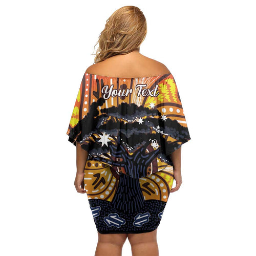 Australia Mother's Day Personalised Family Matching Off Shoulder Short Dress and Hawaiian Shirt Kangaroo With Aboriginal Tree Art