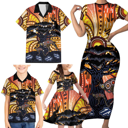 Australia Mother's Day Personalised Family Matching Short Sleeve Bodycon Dress and Hawaiian Shirt Kangaroo With Aboriginal Tree Art