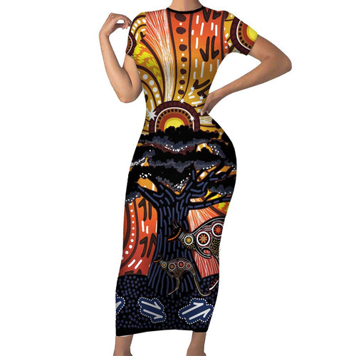 Australia Mother's Day Personalised Family Matching Short Sleeve Bodycon Dress and Hawaiian Shirt Kangaroo With Aboriginal Tree Art