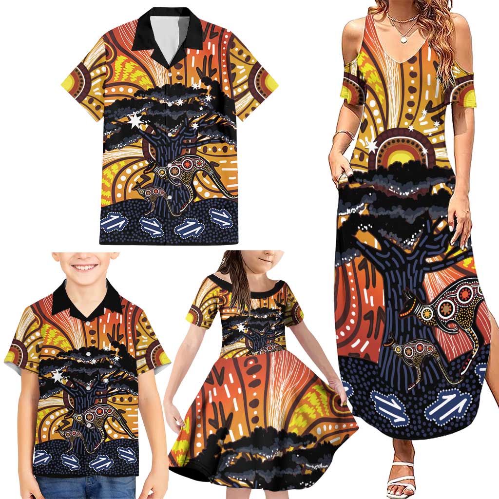 Australia Mother's Day Personalised Family Matching Summer Maxi Dress and Hawaiian Shirt Kangaroo With Aboriginal Tree Art
