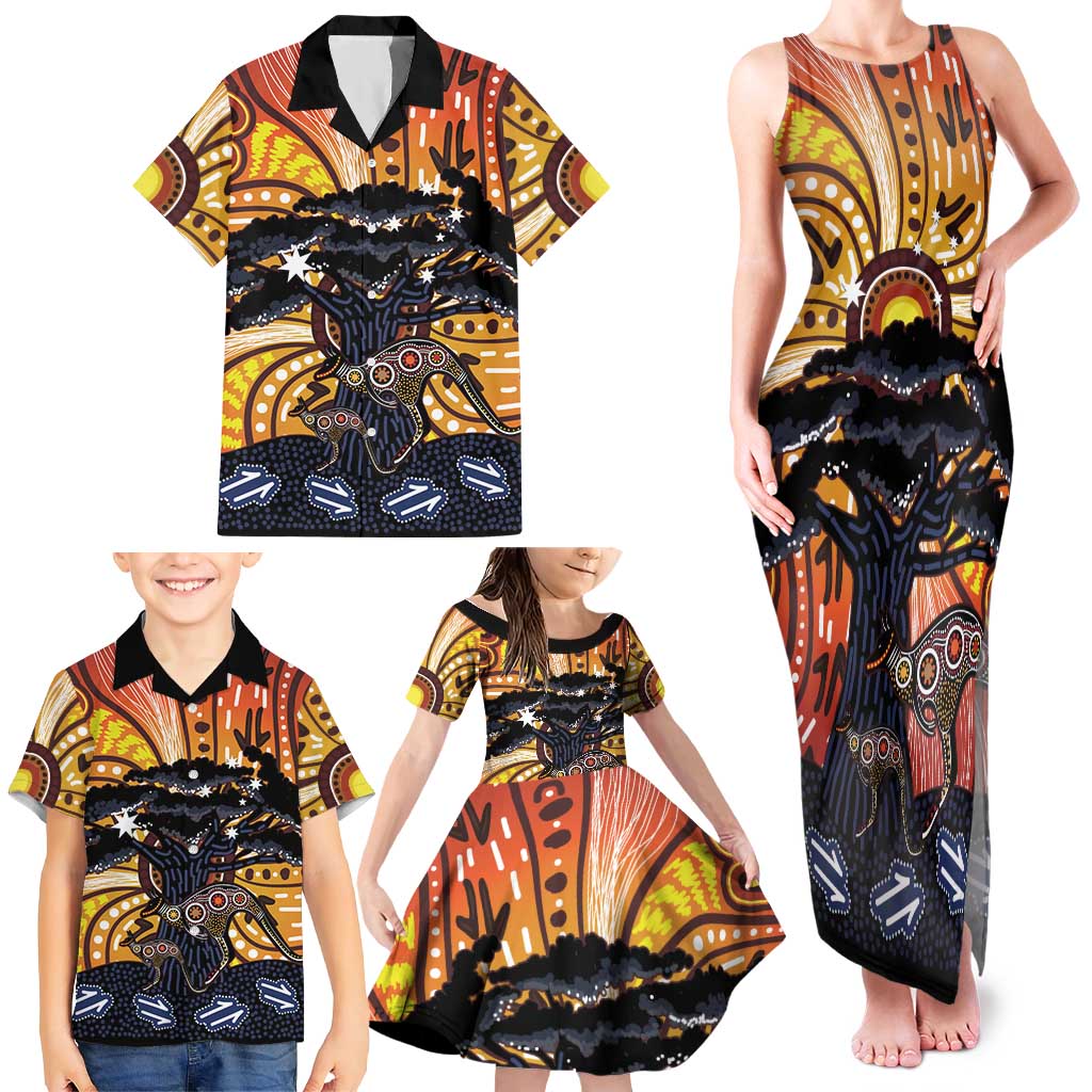 Australia Mother's Day Personalised Family Matching Tank Maxi Dress and Hawaiian Shirt Kangaroo With Aboriginal Tree Art