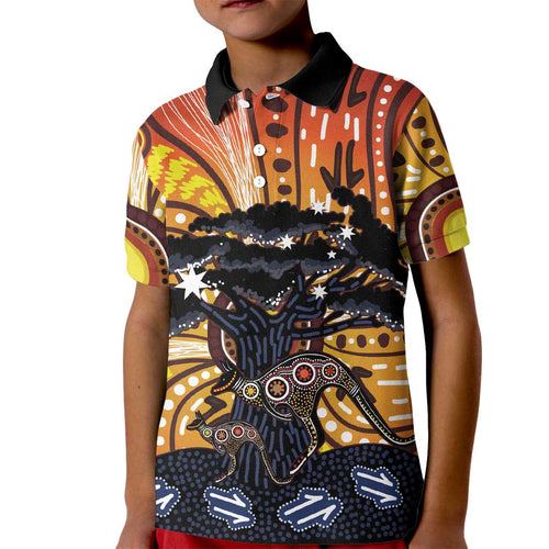 Australia Mother's Day Personalised Kid Polo Shirt Kangaroo With Aboriginal Tree Art