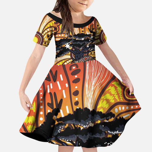 Australia Mother's Day Personalised Kid Short Sleeve Dress Kangaroo With Aboriginal Tree Art