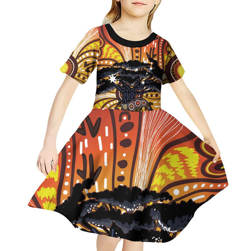 Australia Mother's Day Personalised Kid Short Sleeve Dress Kangaroo With Aboriginal Tree Art