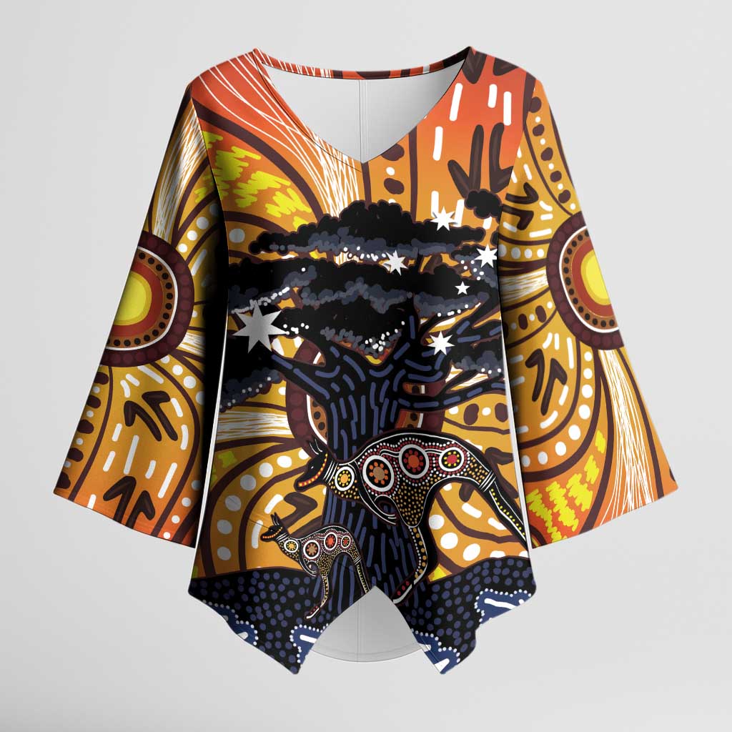Australia Mother's Day Personalised Kimono Sleeve Blouse Kangaroo With Aboriginal Tree Art