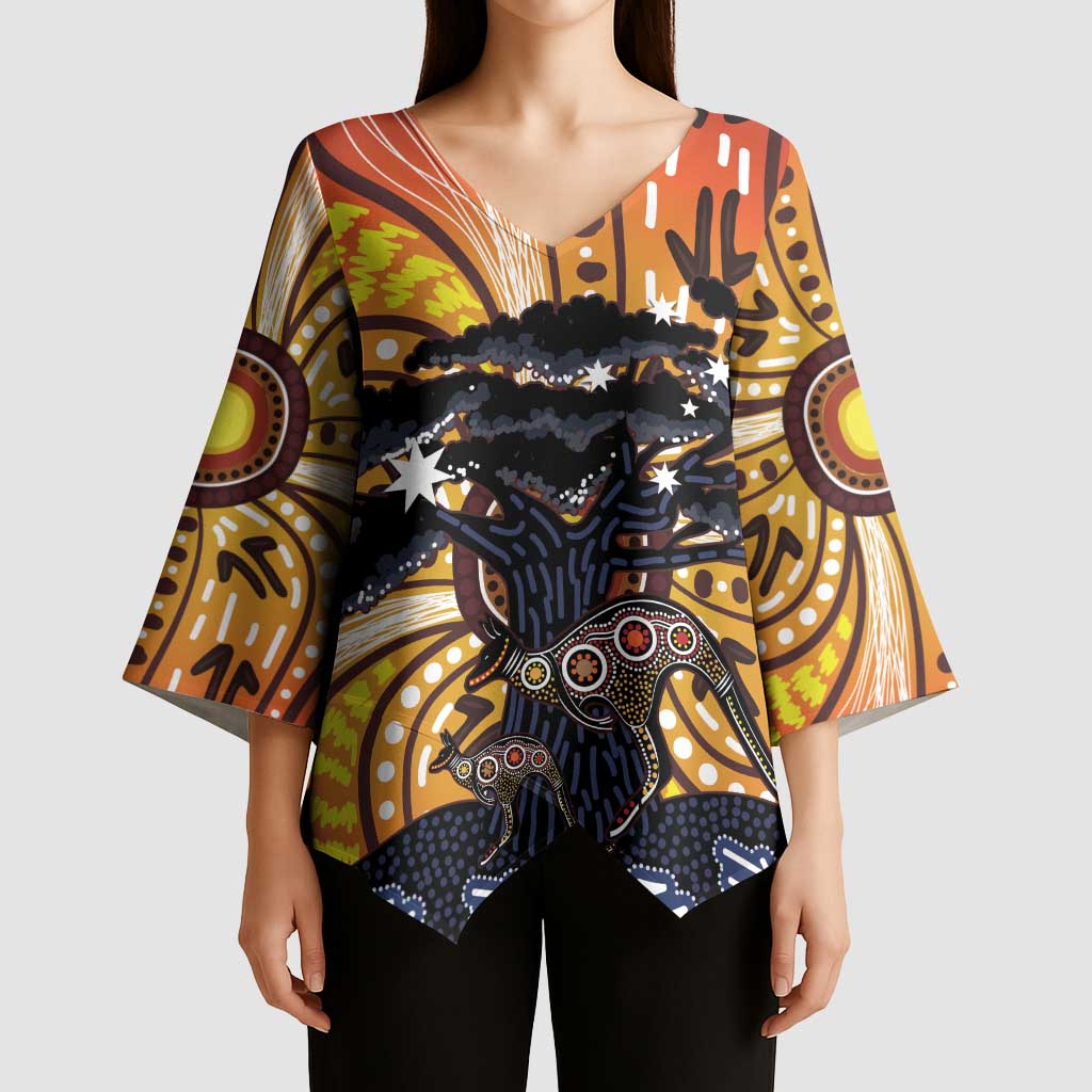 Australia Mother's Day Personalised Kimono Sleeve Blouse Kangaroo With Aboriginal Tree Art