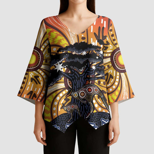 Australia Mother's Day Personalised Kimono Sleeve Blouse Kangaroo With Aboriginal Tree Art