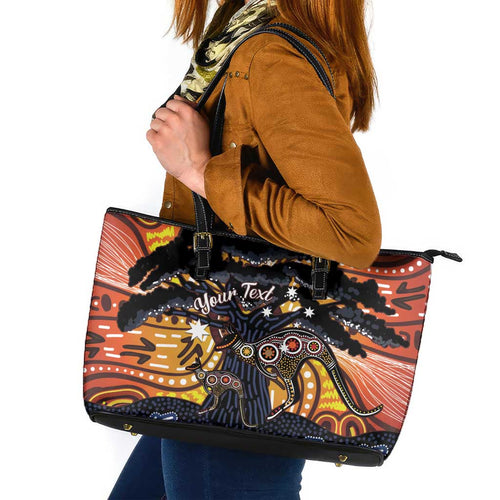 Australia Mother's Day Personalised Leather Tote Bag Kangaroo With Aboriginal Tree Art
