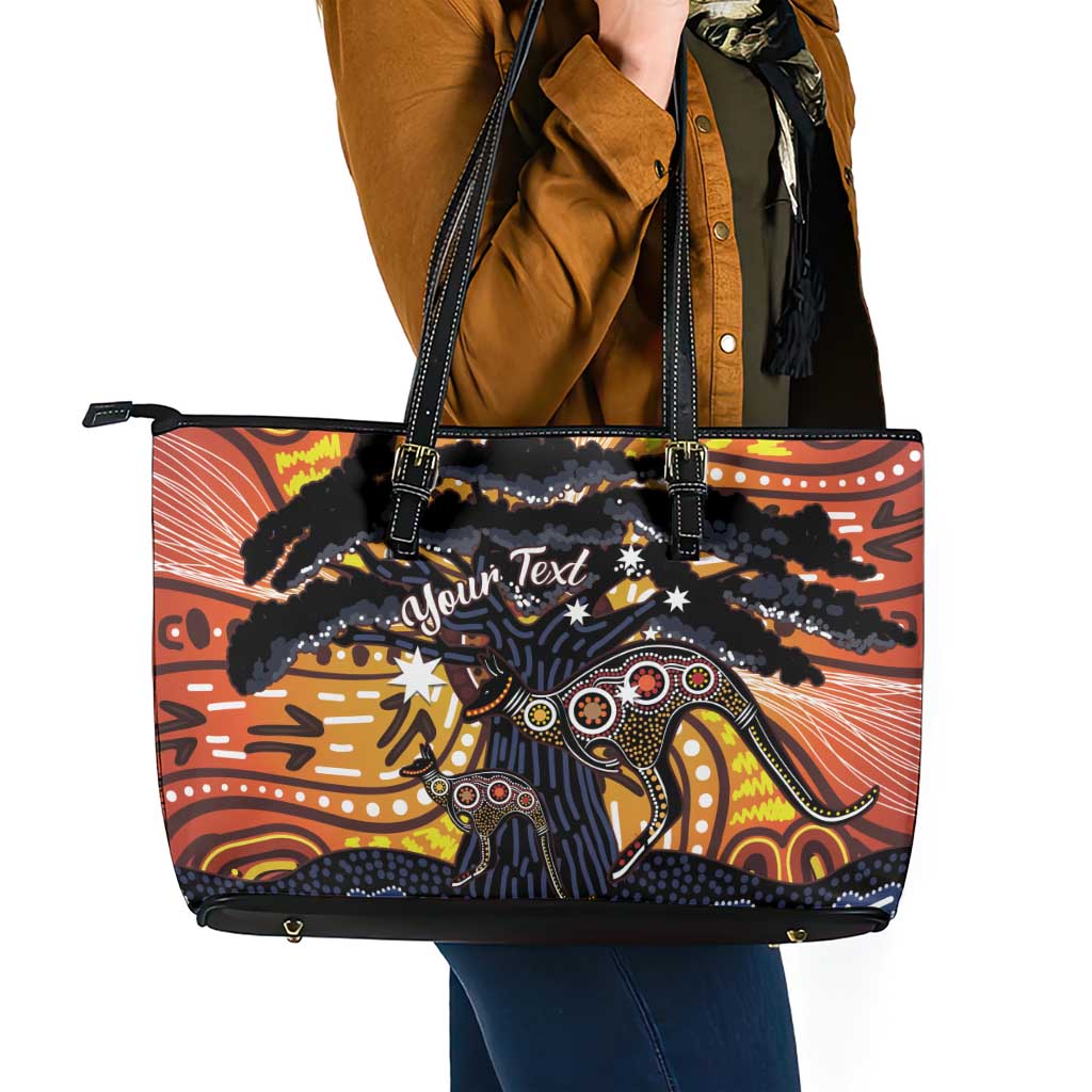 Australia Mother's Day Personalised Leather Tote Bag Kangaroo With Aboriginal Tree Art