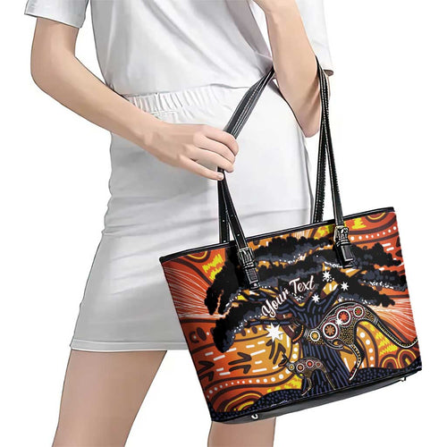 Australia Mother's Day Personalised Leather Tote Bag Kangaroo With Aboriginal Tree Art