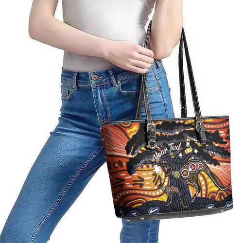 Australia Mother's Day Personalised Leather Tote Bag Kangaroo With Aboriginal Tree Art