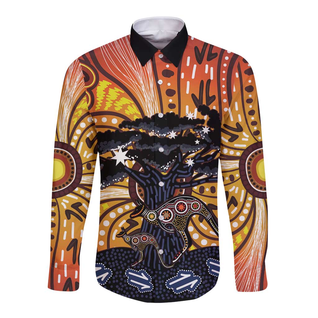 Australia Mother's Day Personalised Long Sleeve Button Shirt Kangaroo With Aboriginal Tree Art