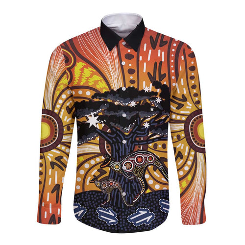 Australia Mother's Day Personalised Long Sleeve Button Shirt Kangaroo With Aboriginal Tree Art