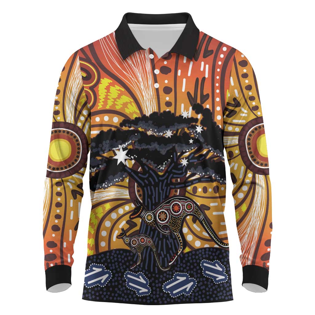 Australia Mother's Day Personalised Long Sleeve Polo Shirt Kangaroo With Aboriginal Tree Art