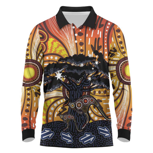 Australia Mother's Day Personalised Long Sleeve Polo Shirt Kangaroo With Aboriginal Tree Art
