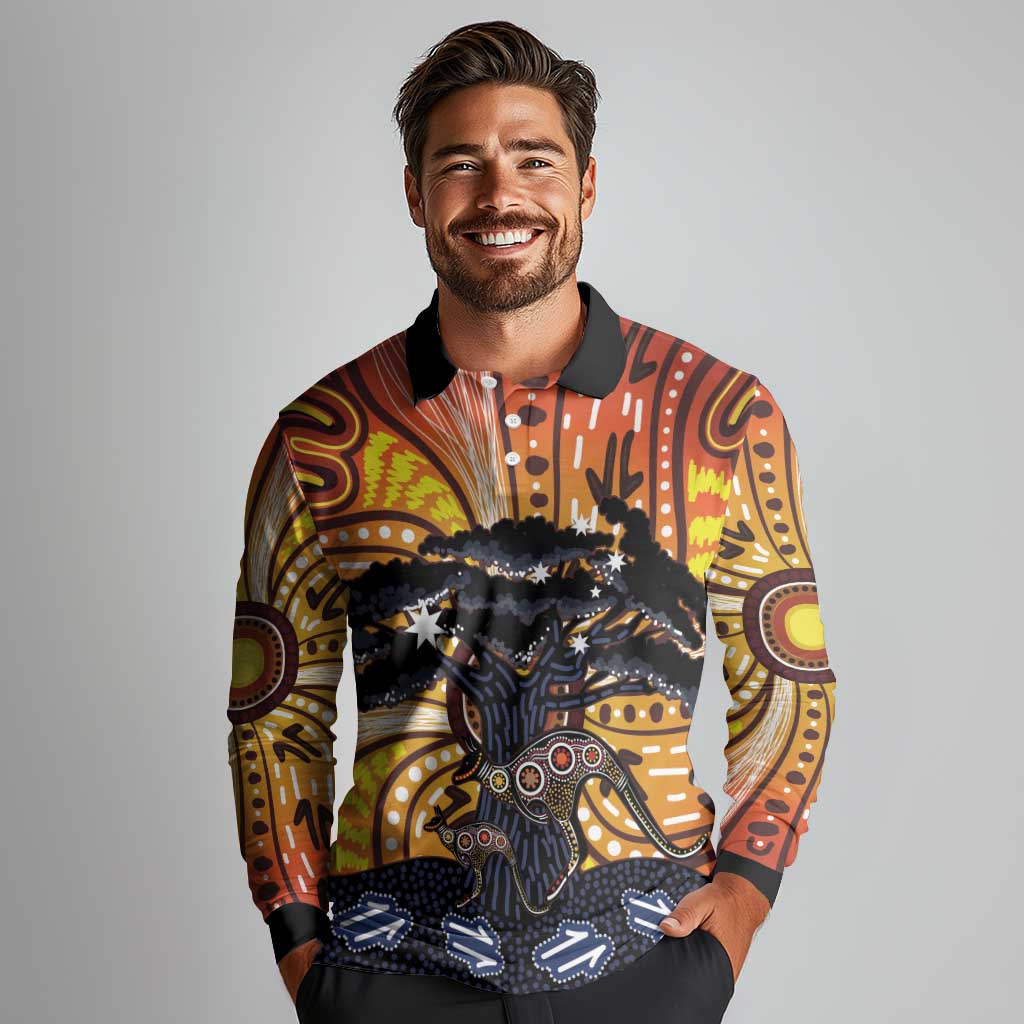 Australia Mother's Day Personalised Long Sleeve Polo Shirt Kangaroo With Aboriginal Tree Art