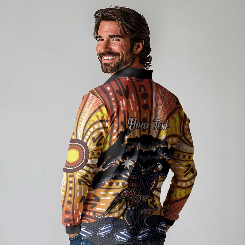 Australia Mother's Day Personalised Long Sleeve Polo Shirt Kangaroo With Aboriginal Tree Art