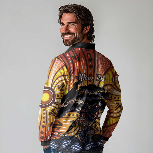 Australia Mother's Day Personalised Long Sleeve Polo Shirt Kangaroo With Aboriginal Tree Art